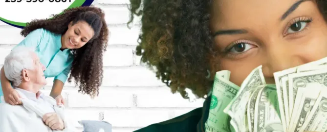 Happy nurse holding money | in-home care jobs