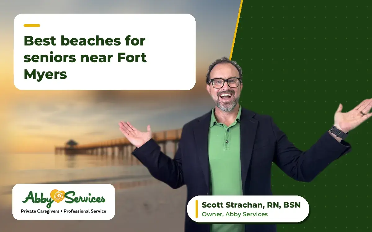 Scott Strachan, RN, BSN, owner of Abby Services, with his arms open, with a Southwest Florida beach and fishing pier at sunset in the background
