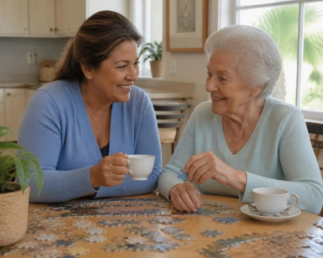 Caregiver and older woman sharing tea and working a puzzle at a kitchen table in a Southwest Florida home