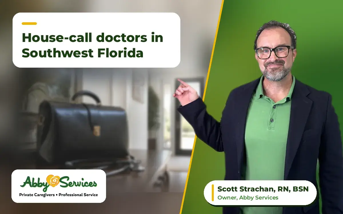 Scott Strachan, RN, BSN, owner of Abby Services, pointing to the article title, with a doctor's bag and stethoscope on an entryway table in the background