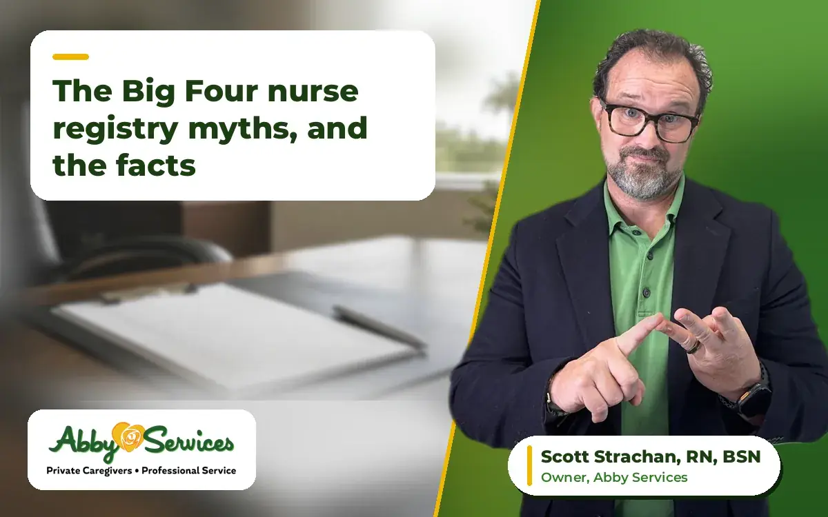 Scott Strachan, RN, BSN, owner of Abby Services, counting on his fingers, with an office desk with a clipboard checklist, a pen and a potted plant in the background