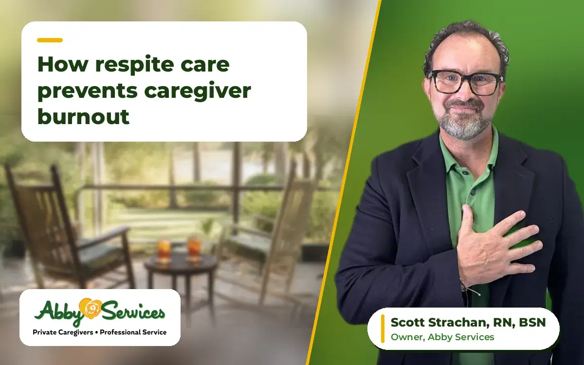 Scott Strachan, RN, BSN, owner of Abby Services, with his hand on his heart, with two rocking chairs and iced tea on a screened Florida lanai in the background
