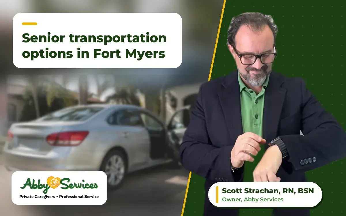 Scott Strachan, RN, BSN, owner of Abby Services, checking his watch, with a car in a Florida driveway with the passenger door open in the background