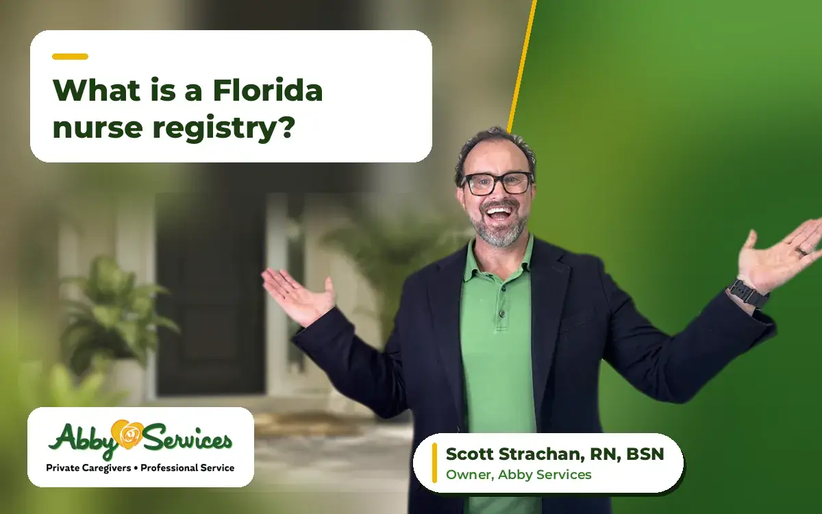 Scott Strachan, RN, BSN, owner of Abby Services, with his arms open, with the welcoming front door of a Florida home in the background